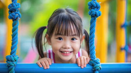 Cute asian girl smile play on school or kindergarten yard or playground. Healthy summer activity for children. Little asian girl climbing outdoors at playground.の素材