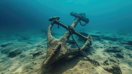 Anchor of old ship underwater on the bottom of the oceanの素材