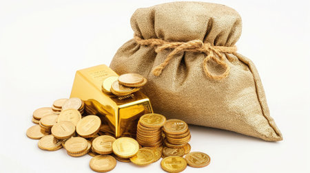 a lot of gold coins are stacked on top of each other in a treasure sack and a gold bar is placed next to it all on a white backgroundの素材