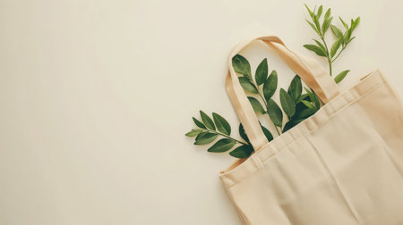 Canvas tote bag. Reusable grocery shopping bag with copy space.Beige eco bag mockup.Eco friendly concept. Zero waste.Think green.Top view.の素材