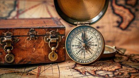compass lying on vintage map with treasure chestの素材