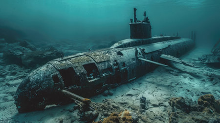 Destroyed submarine under water. Marine failed technology conceptの素材