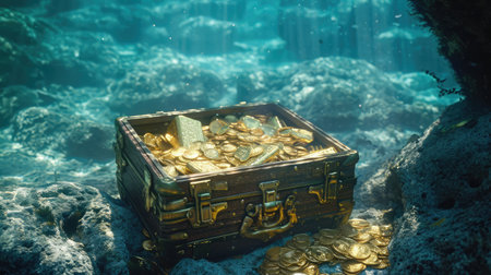 casket containing gold bars and coins at the bottom of the seaの素材