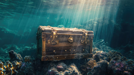 Open treasure chest sunken at the bottom of the sea / high contrast imageの素材