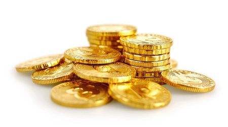lot of stacking gold coins in treasure stack and gold on white backgroundの素材