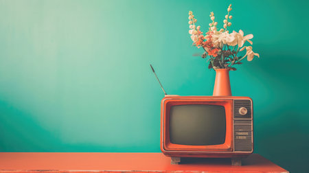 Retro old orange TV receiver on table front gradient aquamarine wall background. Vintage style filtered photoの素材