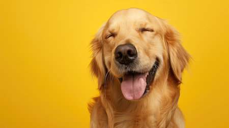 Happy smiling golden retriever dog blinking eye yellow background studio shotの素材