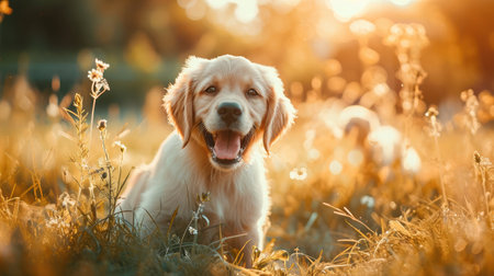 little cute puppy old dog golden retriever walks in the park on a walk in the summer at sunsetの素材