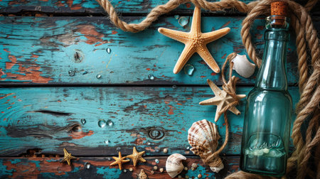 Sea and ocean gifts on a wooden background. Marine things. Sea products. Water Background for real man captains and sailors. Pirate design. Bottle, rope, star. Underwater treasuresの素材