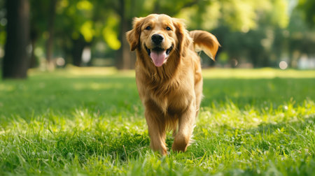 Smiling Face Cute Lovely Adorable Golden Retriever Dog Walking in Fresh Green Grass Lawn in the Parkの素材