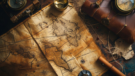 Vintage map and accessories for the treasure hunt and travelの素材