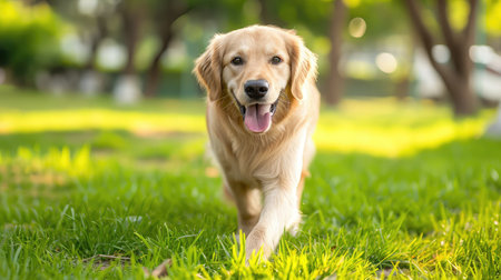 Smiling Face Cute Lovely Adorable Golden Retriever Dog Walking in Fresh Green Grass Lawn in the Parkの素材