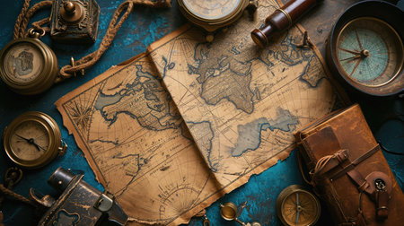 Vintage map and accessories for the treasure hunt and travelの素材