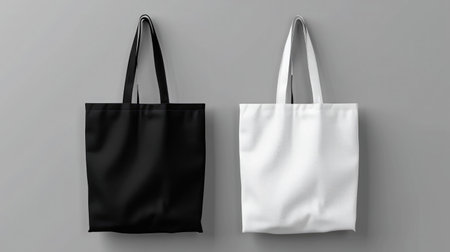 White and black tote bags on a grey background.の素材
