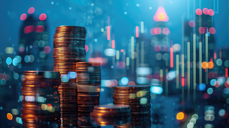 Double exposure of coins stack with graph chart and night cityscape --ar 16:9 --v 6 Job ID: f3b9ccab-5eaa-4cae-8d35-e079cf09bf10の素材