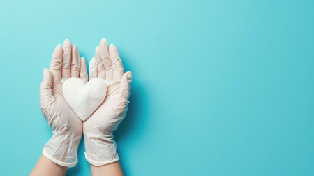 Doctor's hands in medical gloves in shape of heart on blue background. Banner for website with copy space. --ar 16:9 --v 6 Job ID: f5e8fbf9-344a-4fc0-be3b-a1e99a391d47の素材