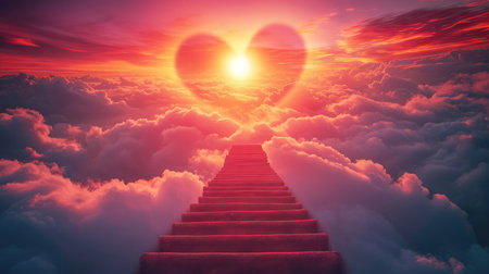 Stairway to Heaven.Stairs in sky. Concept with sun and clouds. Religion background. Red heart shaped sky at sunset. Love background with copy space.の素材