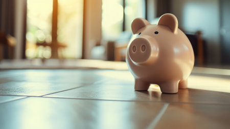 Piggy bank on floor concept for saving, accounting, banking and business accountの素材