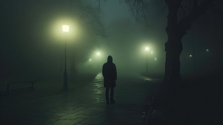 Sad man alone walking along the alley in night foggy park Back viewの素材