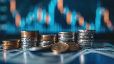 Stock funding or money saving graph with coins. Background for business ideas and design. Chart for financial investment conceptの素材