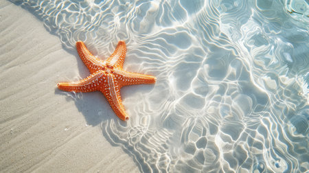 Starfish on the sand beach in clear sea water. Summer background. Summer time .Copy space. Relaxing on the beach.の素材