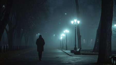 Sad man alone walking along the alley in night foggy park Back viewの素材
