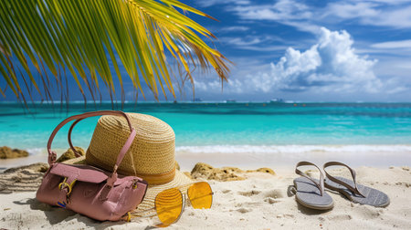 Straw hat, bag, sun glasses and flip flops on a tropical beachの素材