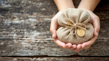 Women hold a money bag on the vintage wood background, a loan or saving money for future investment concept.の素材