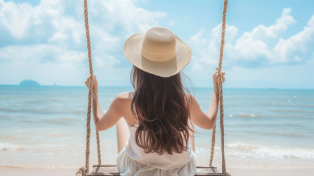 beautiful Asian woman ware a straw hat and sat on a swing made of wood, tied to a rope, facing the sea at a sunny time.の素材