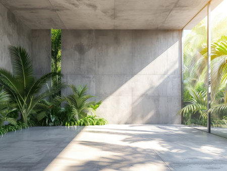 Blank concrete wall in modern empty room with tropical plant garden. Luxury house interior with green palm trees. Minimal architecture design --ar 4:3 --v 6 Job ID: b5912064-34af-42dc-9c3c-879a17cc4f57の素材