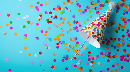 Colored confetti and party hat on blue backgroundの素材