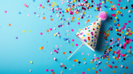 Colored confetti and party hat on blue backgroundの素材