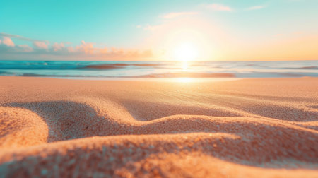 Closeup of sand on beach and blue summer sky. Panoramic beach landscape. Empty tropical beach and seascape. Orange and golden sunset sky, soft sand, calmness, tranquil relaxing sunlight, summerの素材