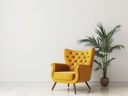 Front view yellow armchair and plant in living room on white backgroundの素材