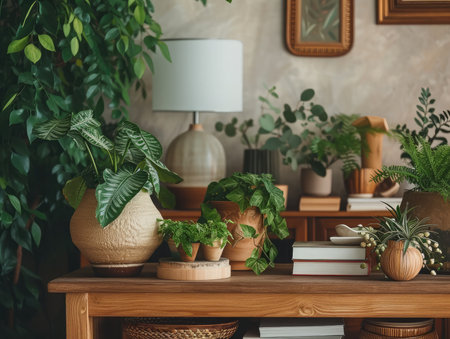 Interior design of living room with wooden console, beautiful composition of plants in different hipster and design pots, books and elegant personal accessories in home garden.の素材
