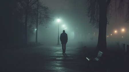 Sad man alone walking along the alley in night foggy park Back viewの素材