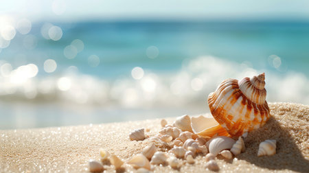 Shell decoration on sand and sea landscape --ar 16:9 --v 6 Job ID: 056e0e42-d6be-4101-8a6c-081409d5e71dの素材