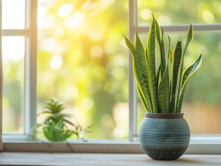 sansevieria trifasciata snake plant in the window of a modern home or apartment interior.の素材