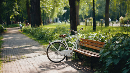 White bicycle in fresh summer parkの素材