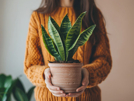Unrecognizable florist woman holding a pot with sansevieria plantの素材