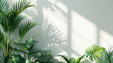 Tropical plants by a white wall with window shadowの素材