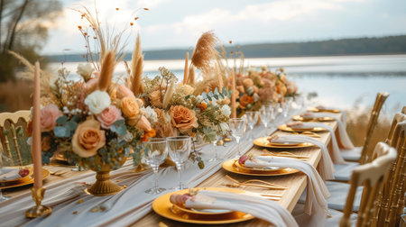 Wedding decorations. Served wedding table with golden plates, golden chairs, napkins, decorative fresh and dried flowersの素材
