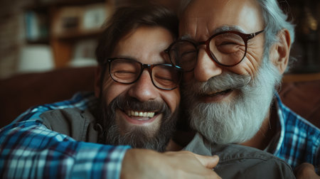 Adult hipster son fun hugging old senior father at home, two generations have a beard talking together and relaxing with smile, 2 man happy enjoy to living at home in father's day with love of familyの素材