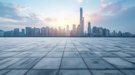 Empty square floor and city skyline with building backgroundの素材