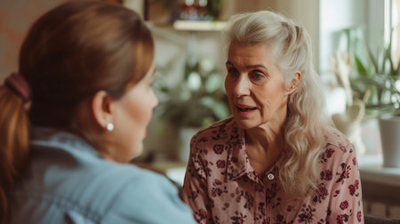 Health visitor and a senior woman during home visit.の素材