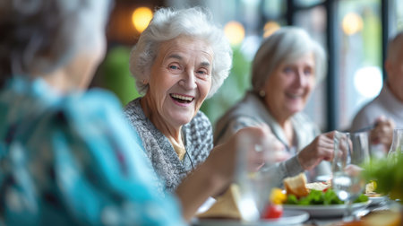 Group of senior friends communicating while eating lunch in nursing home. Focus is on happy woman.の素材