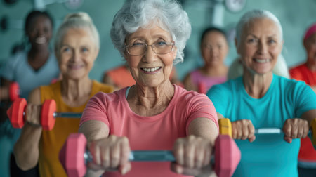 Multiracial group of senior people in sportswear doing strength building fitness exercises with dumbbells, holding fitness tools and smiling at camera, selective focusの素材