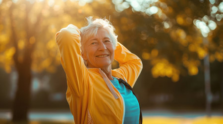 Portrait of a happy beautiful elderly senior mature woman exercising and stretching outdoorsの素材