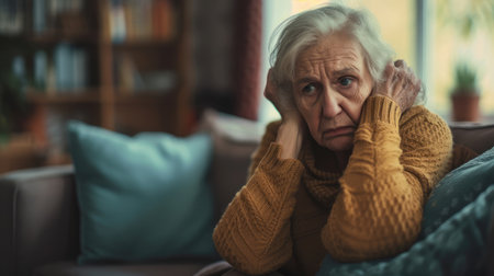 Sad tired ill sick lonely disappointed caucasian old elderly senior woman grandmother sitting on the sofa couchの素材