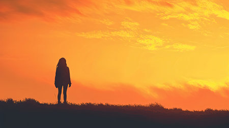 International migrants day concept: Alone victim woman standing on black autumn sunset backgroundの素材